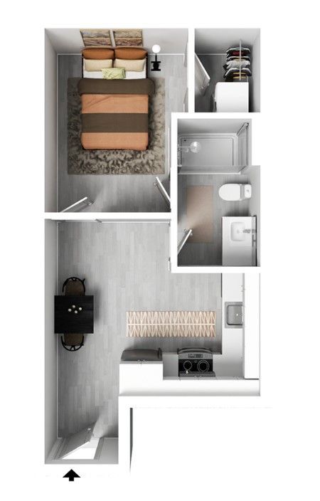 A floor plan of a small apartment with a bedroom , dining room , and bathroom.