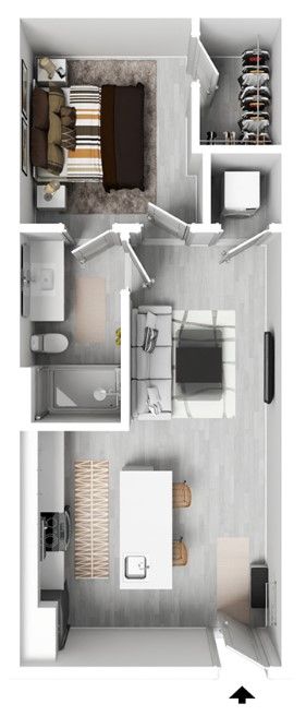 A floor plan of a small apartment with a bedroom , living room , dining room , and bathroom.