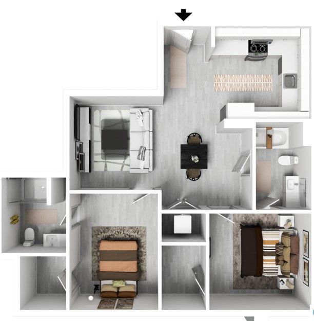An aerial view of a floor plan of a house with a bedroom , living room , dining room , and bathroom.