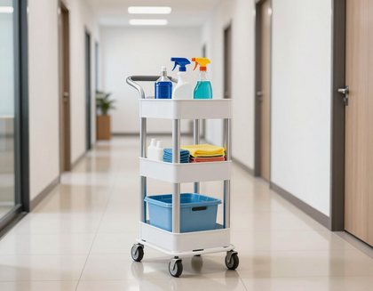 Operatrice con carrello pulizie in corridoio ufficio