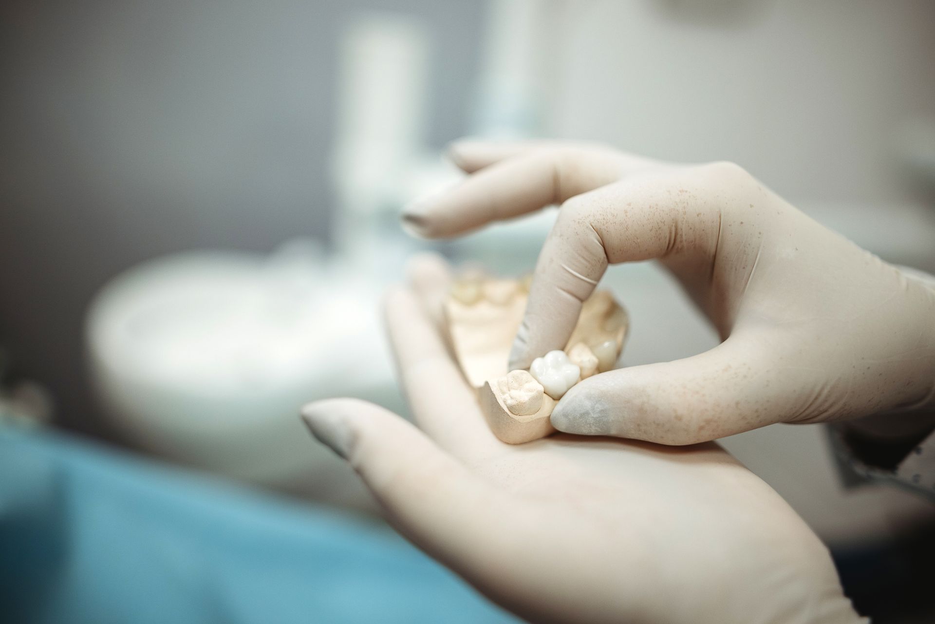 A dentist is holding a model of a person 's teeth in his hands.