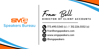 Business card for Fran Bell, Director of Client Accounts at SMG Speakers Bureau. White with orange and blue accents, contact info listed.