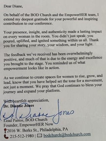 A letter is signed by dr. diane jones
Testimonial from EmpowerHER
