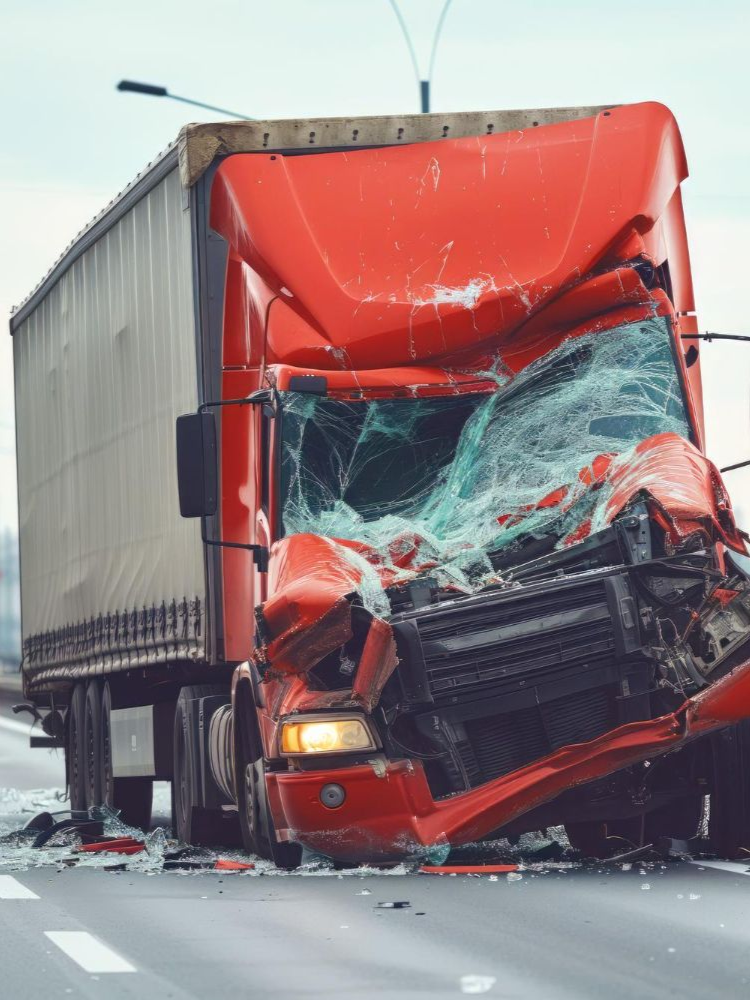A red semi-truck with a crushed front end on a highway after a collision.