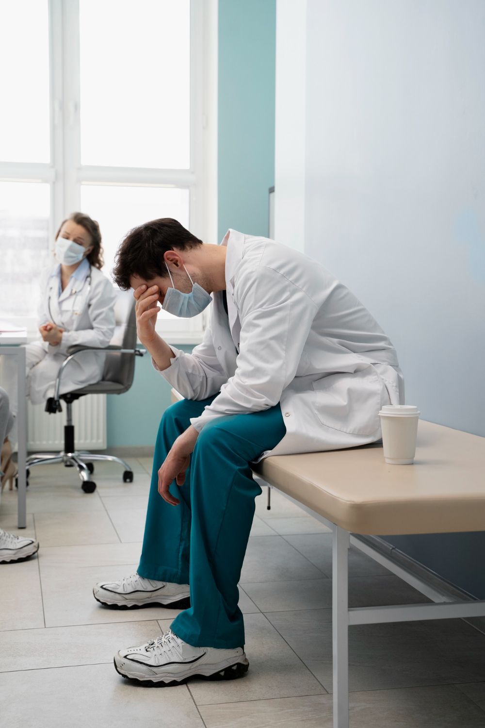 Doctor wearing a mask, looking stressed, sits on a bench in a medical office. Another doctor sits in the background.