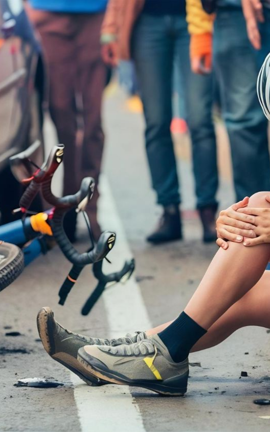 Cyclist injured on road after accident; bike in air, people in background.