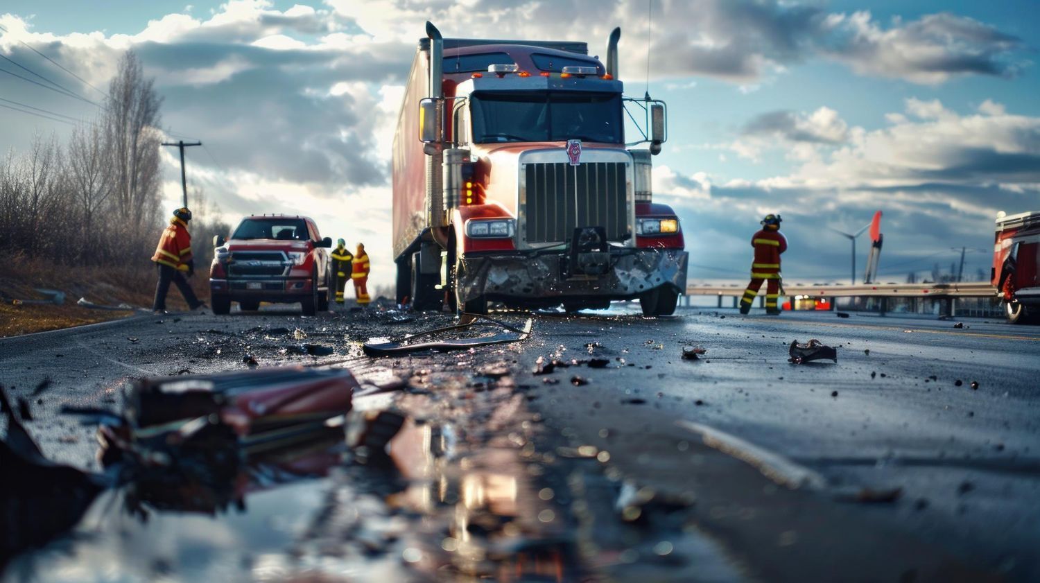 Truck and car accident scene on a wet road; emergency responders assess the wreckage.