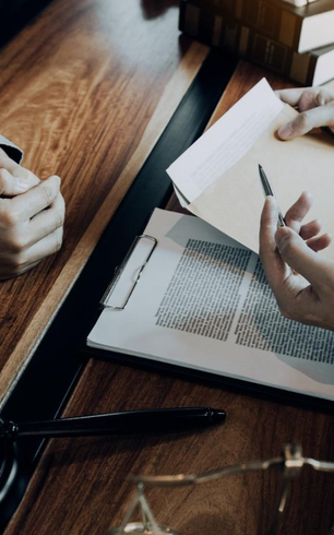 Hands with pen over documents and legal scales on a wooden table, likely in a law office.