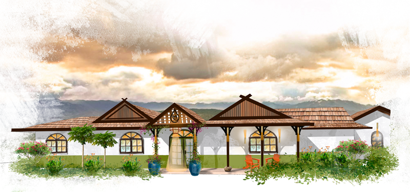 A painting of a house with a cloudy sky in the background