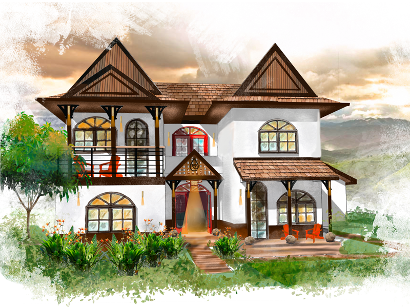 A painting of a white house with a wooden roof