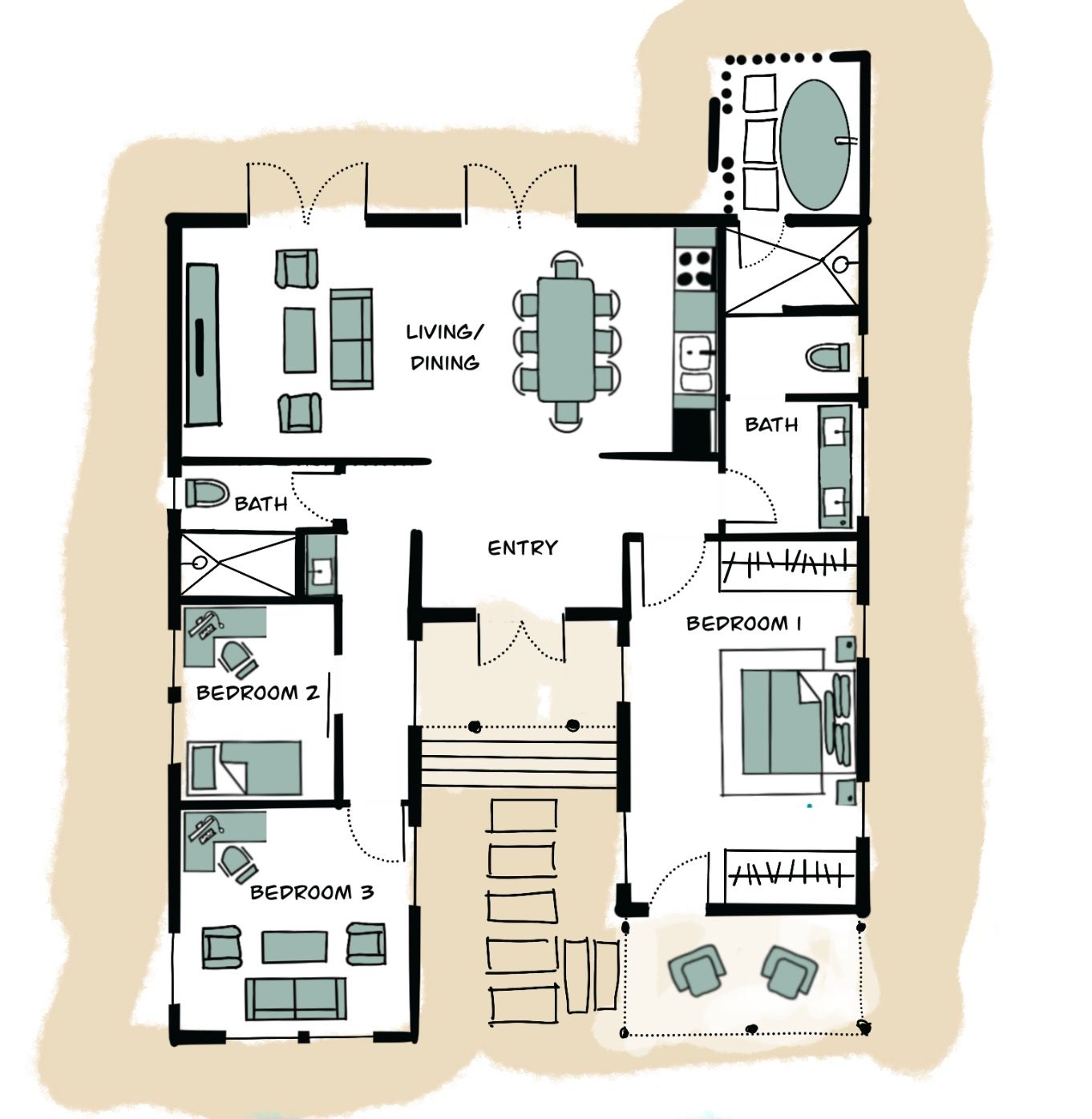A floor plan of a house with a table and chairs