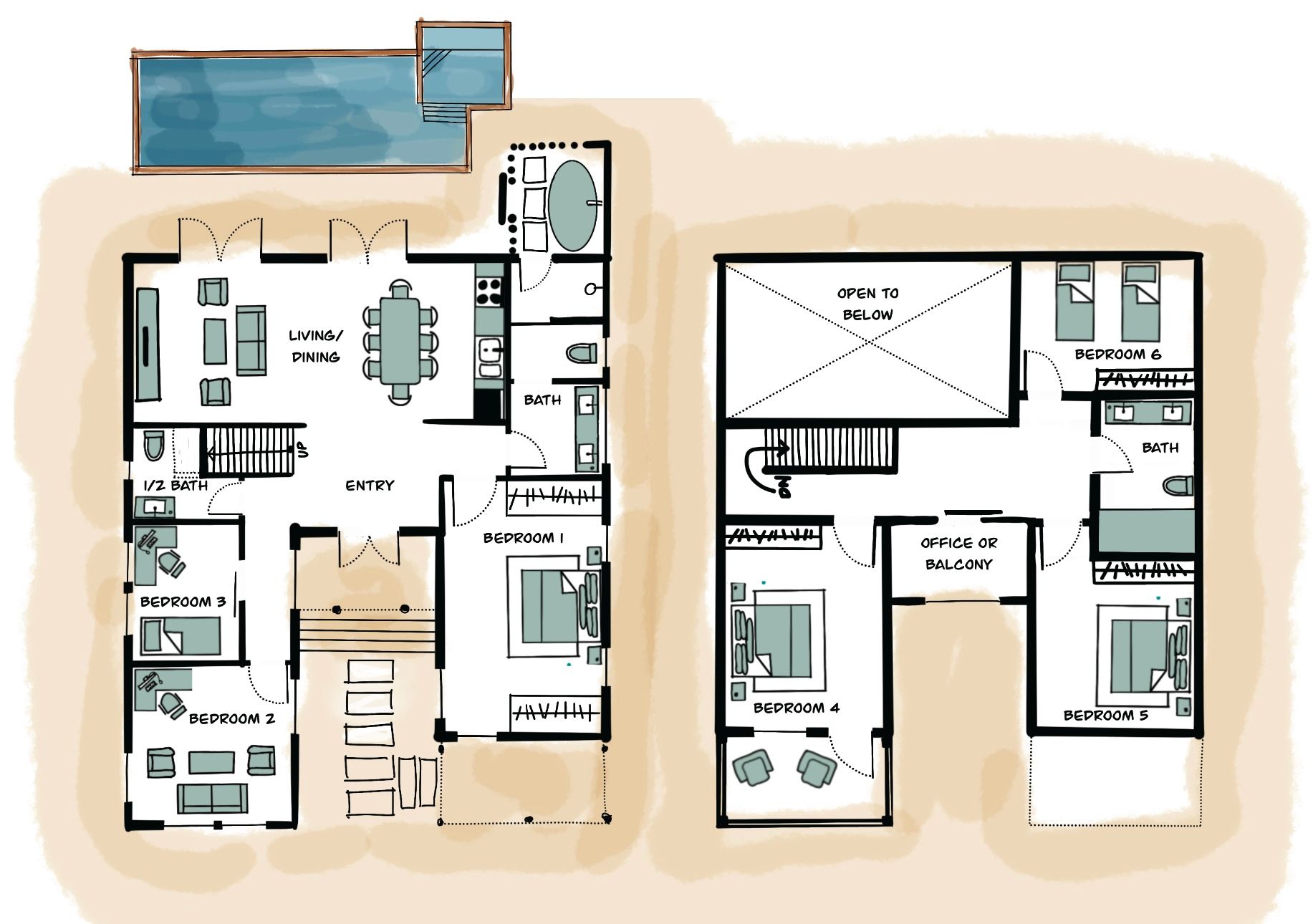 A black and white floor plan of a house with a pool