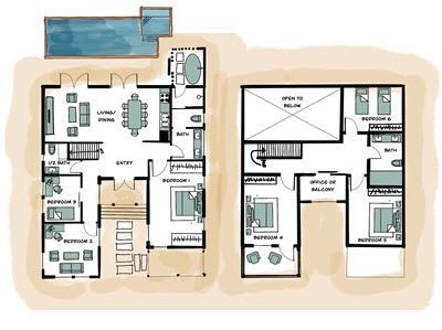 A black and white floor plan of a house with a pool
