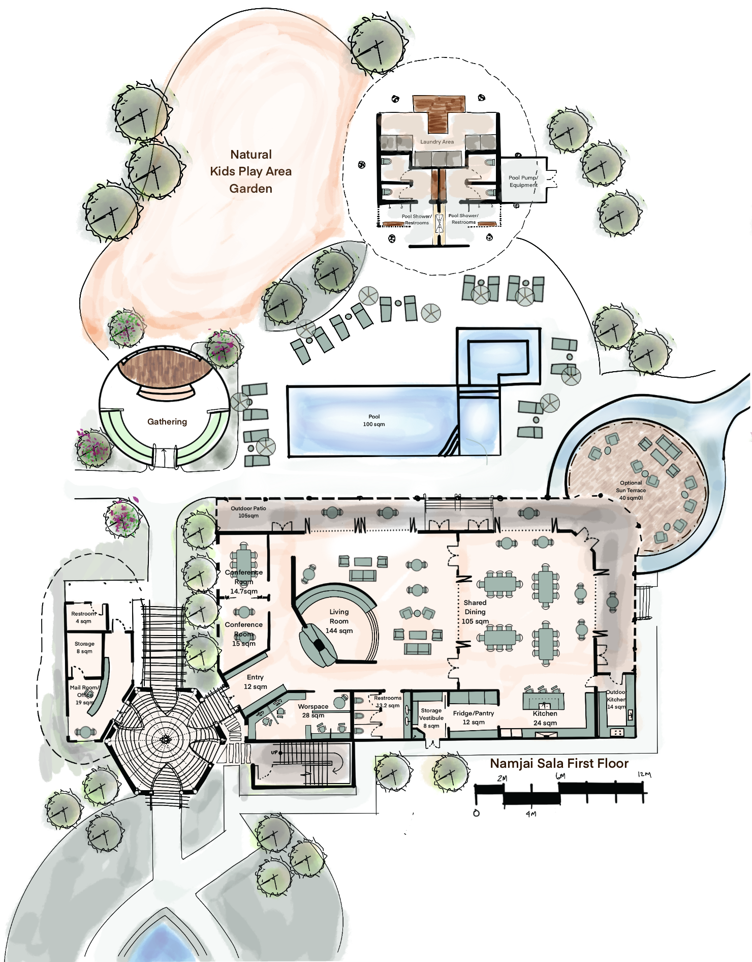 A drawing of a house with a pool and trees