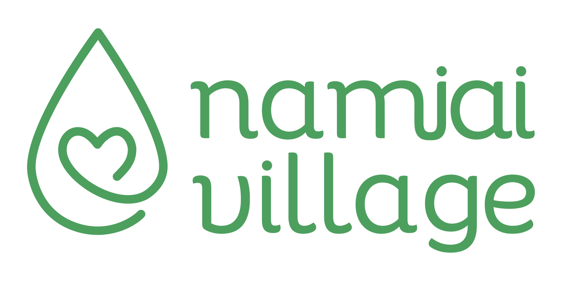 A green logo for namiai village with a heart in the middle