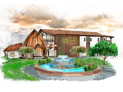 A drawing of a bakery with a fountain in front of it