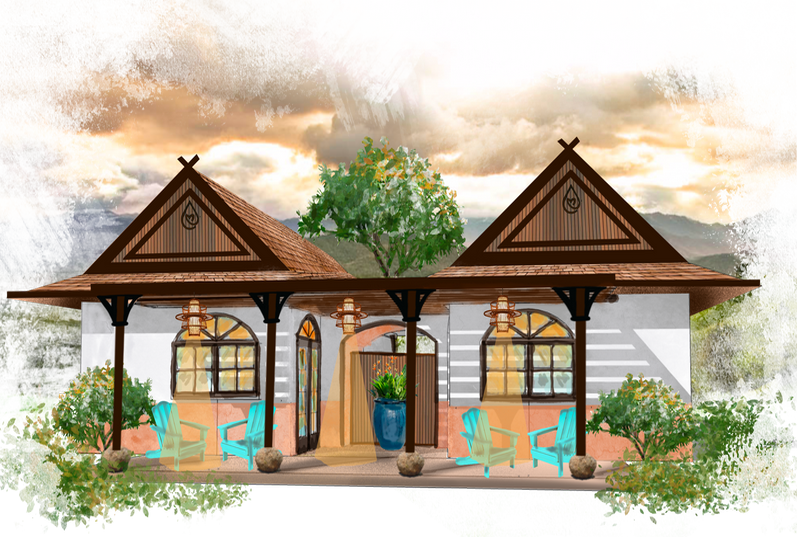 A drawing of a house with blue chairs on the porch