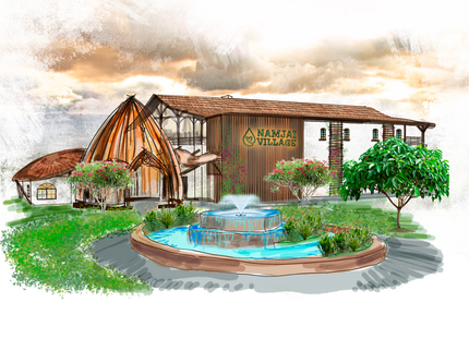 A drawing of a lodge with a fountain in front of it