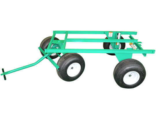 A green rooftop cart with a metal frame designed for transporting materials on rooftops.