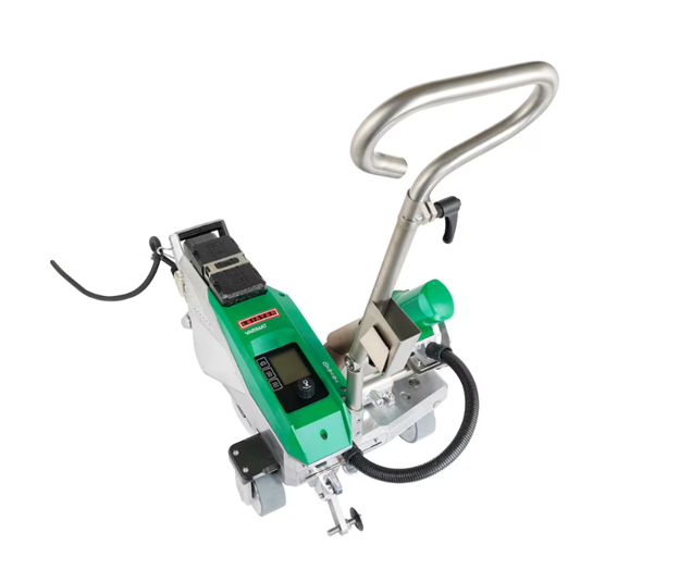 A green and white machine with a handle on a white background