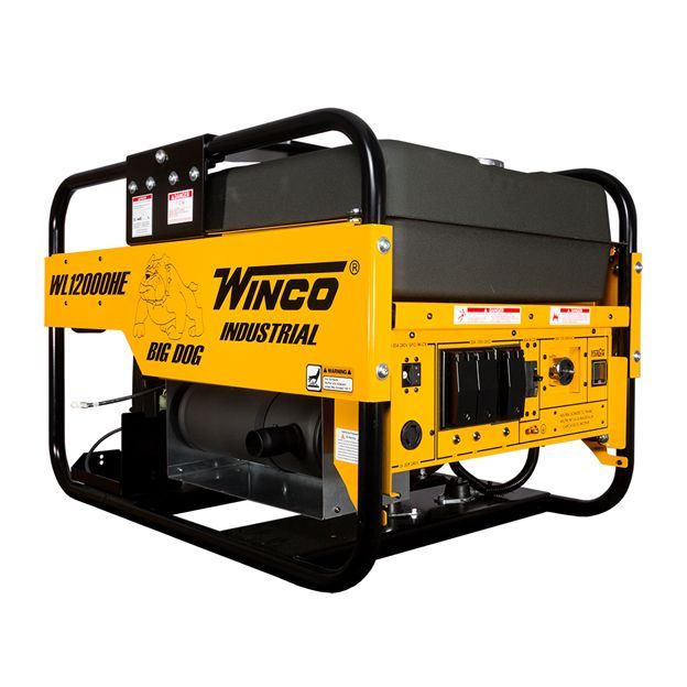 A yellow and black winco industrial generator on a white background.