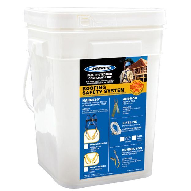 A bucket with a label that says roofing safety system