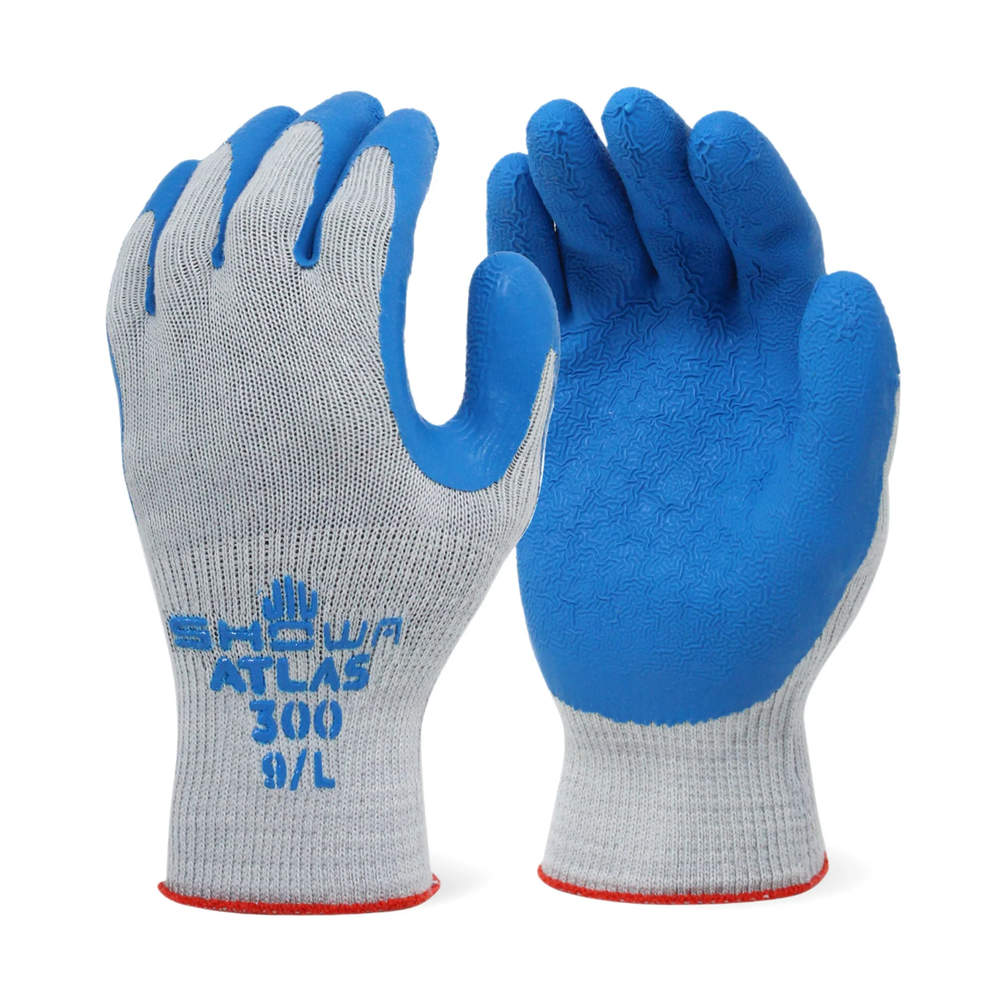 A pair of blue and white atlas 300 gloves