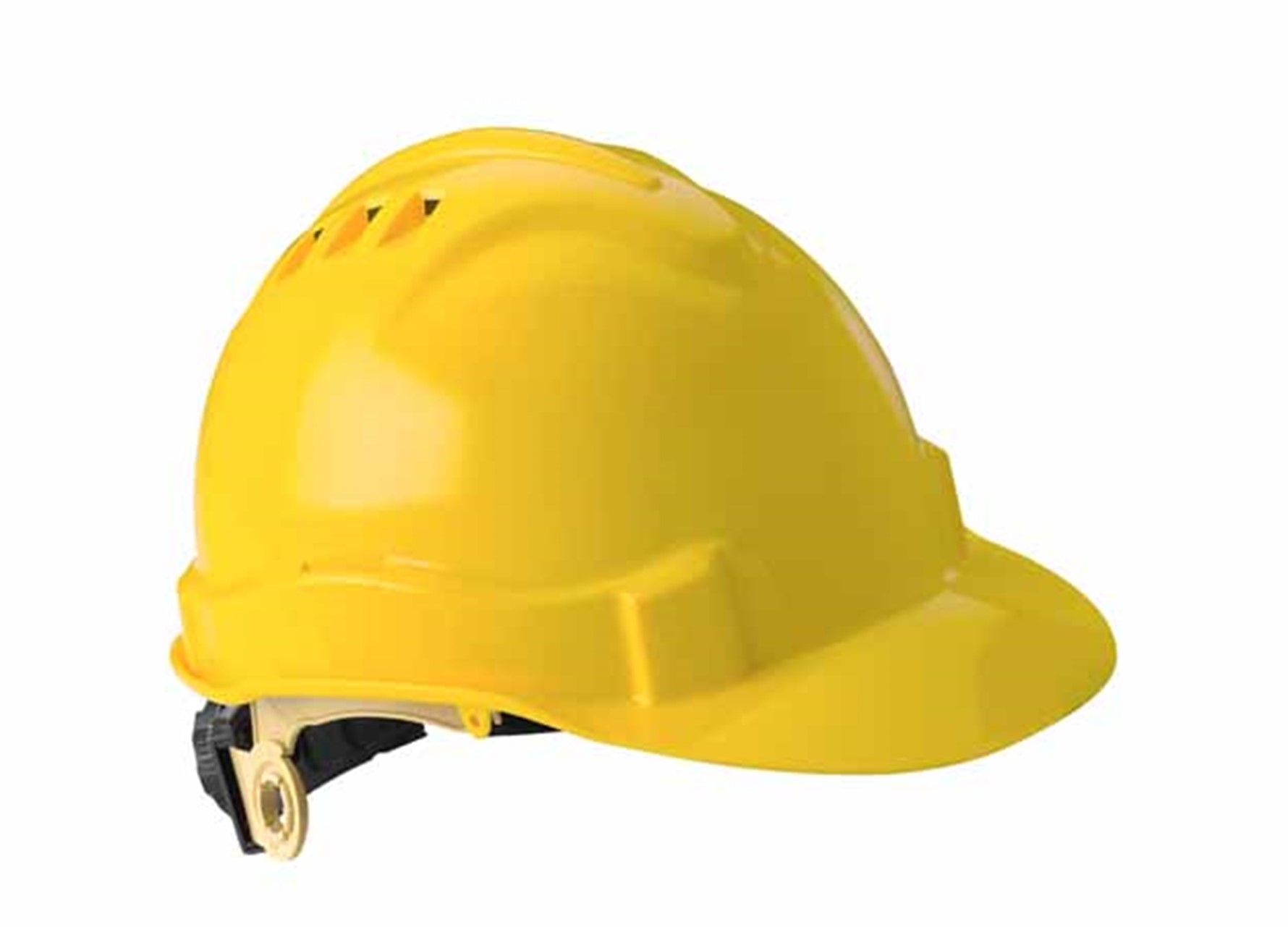 A yellow hard hat is shown on a white background.
