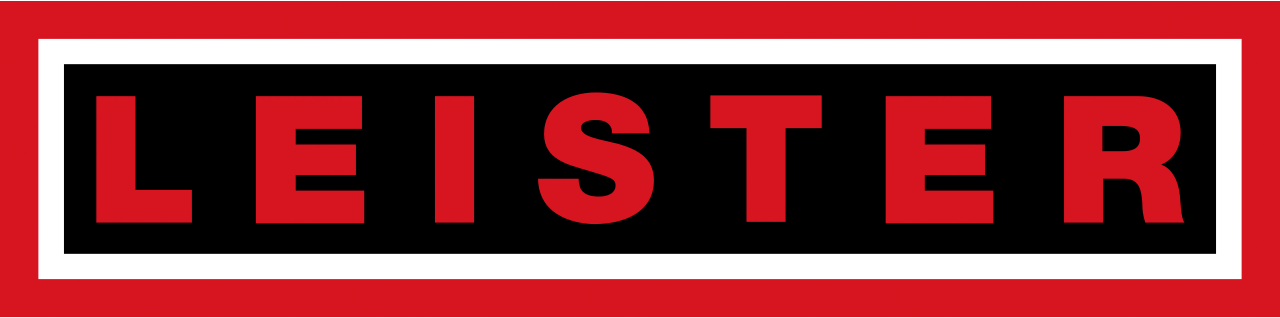 a red and black sign that says leister on it