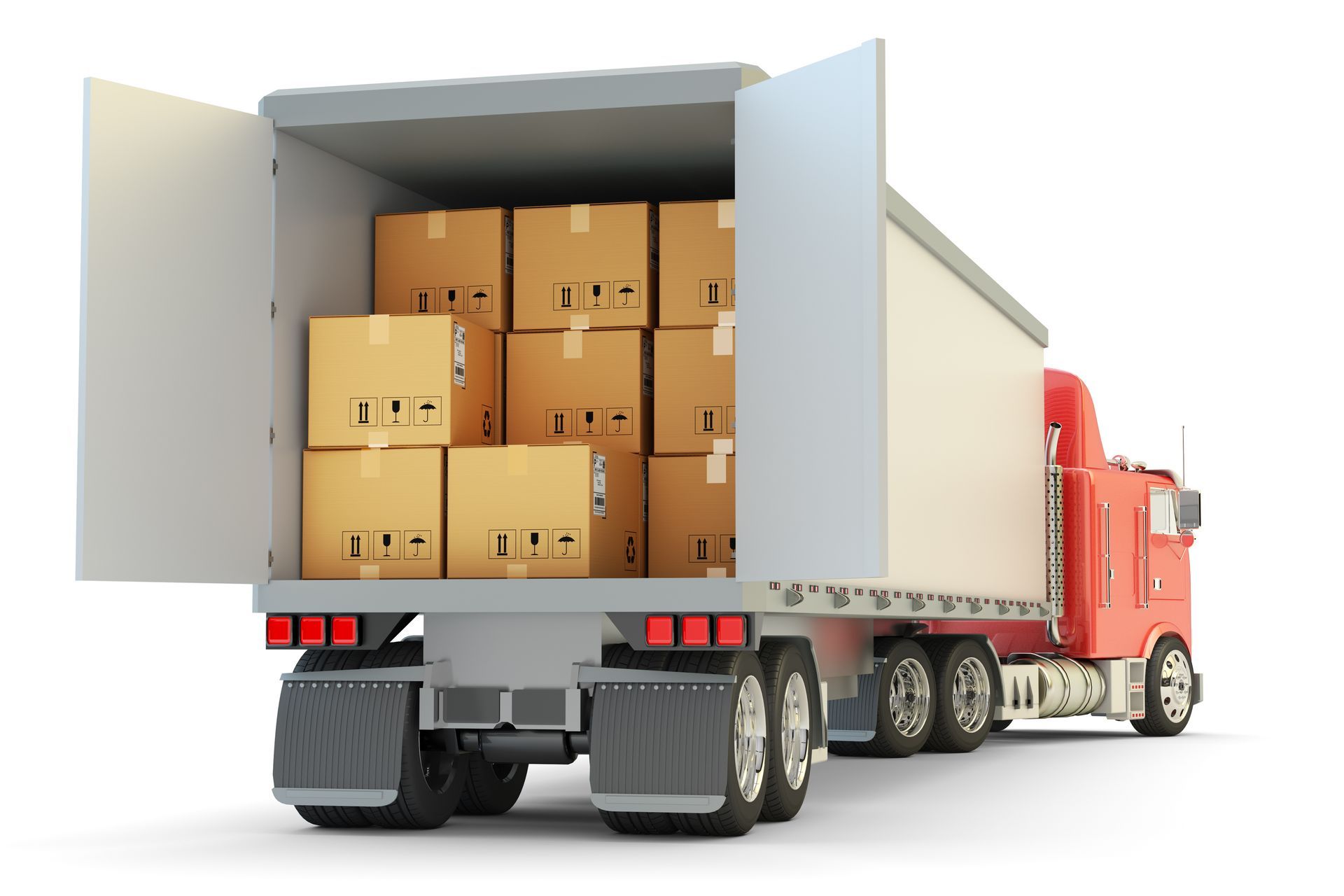Red semi-truck with open back doors filled with stacked cardboard boxes, against a white background.