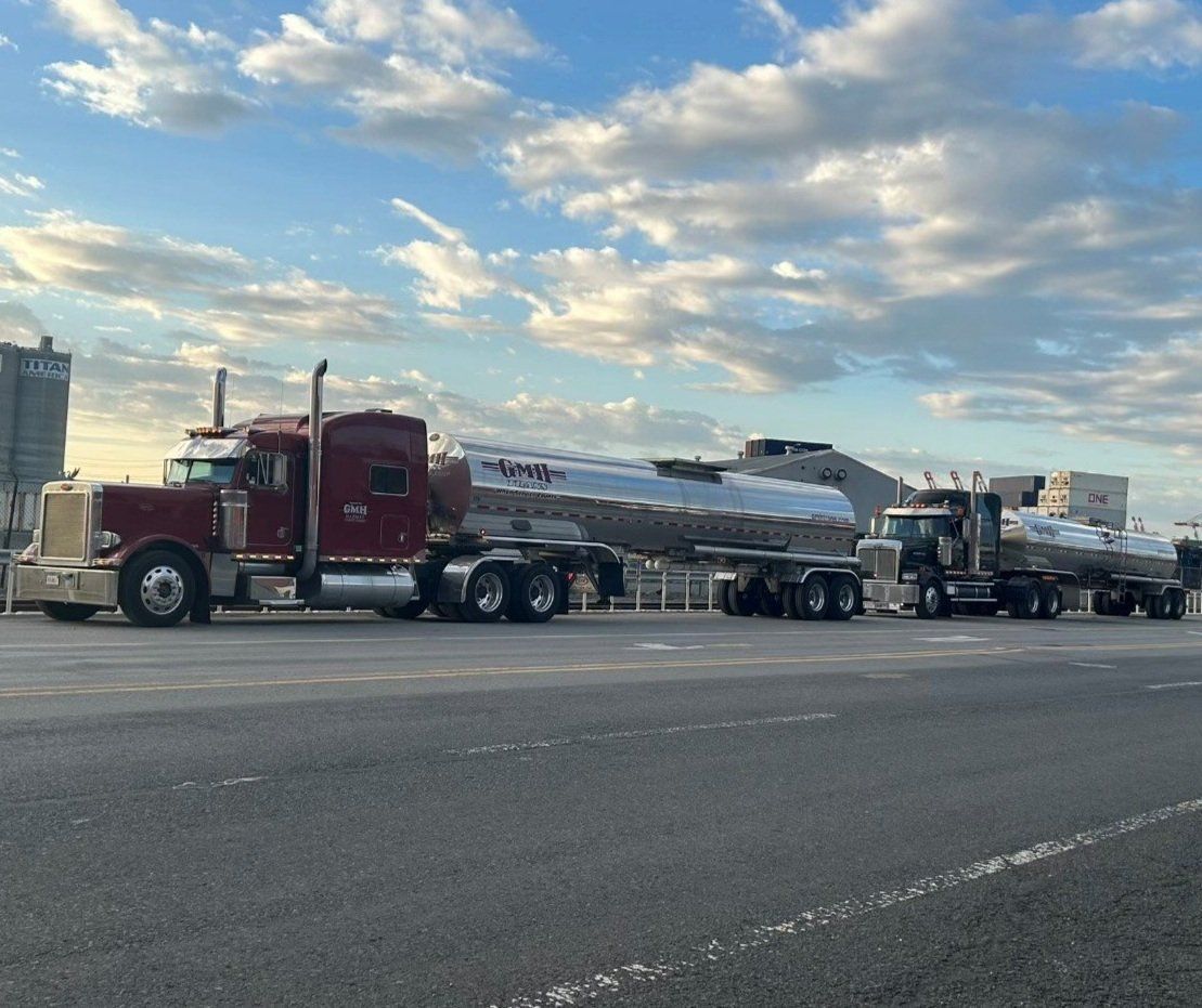 A couple of semi trucks are parked on the side of the road.