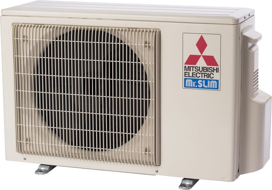 A mitsubishi electric air conditioner is sitting on a white surface.