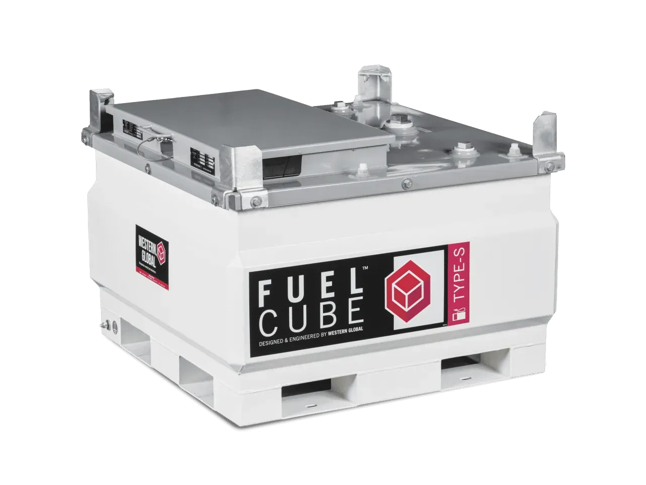 A fuel cube is sitting on top of a white pallet.
