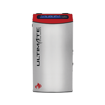 A silver and red ultimate water heater on a white background