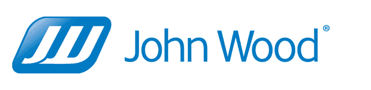The john wood logo is blue and white on a white background.