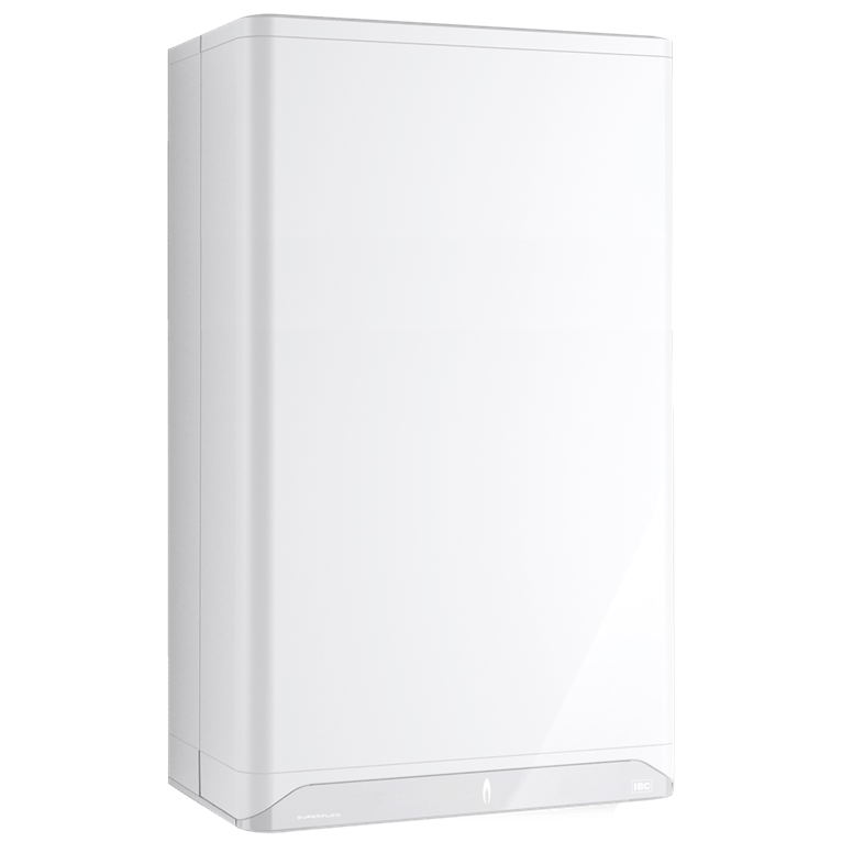A white boiler is sitting on a white surface.