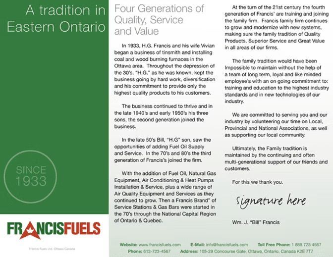 A brochure for francisfuels shows a tradition in quality service and value