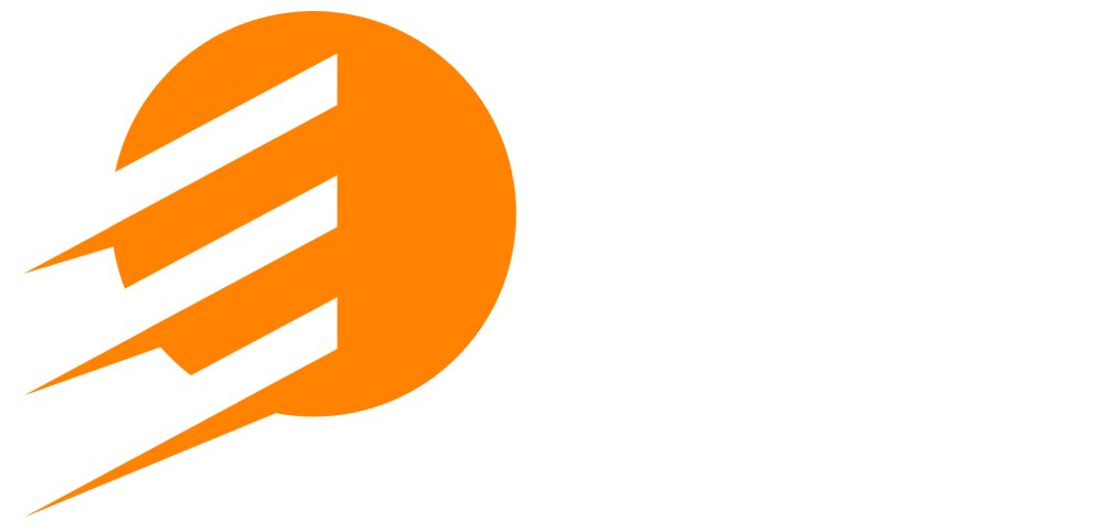 An orange and white logo on a white background.