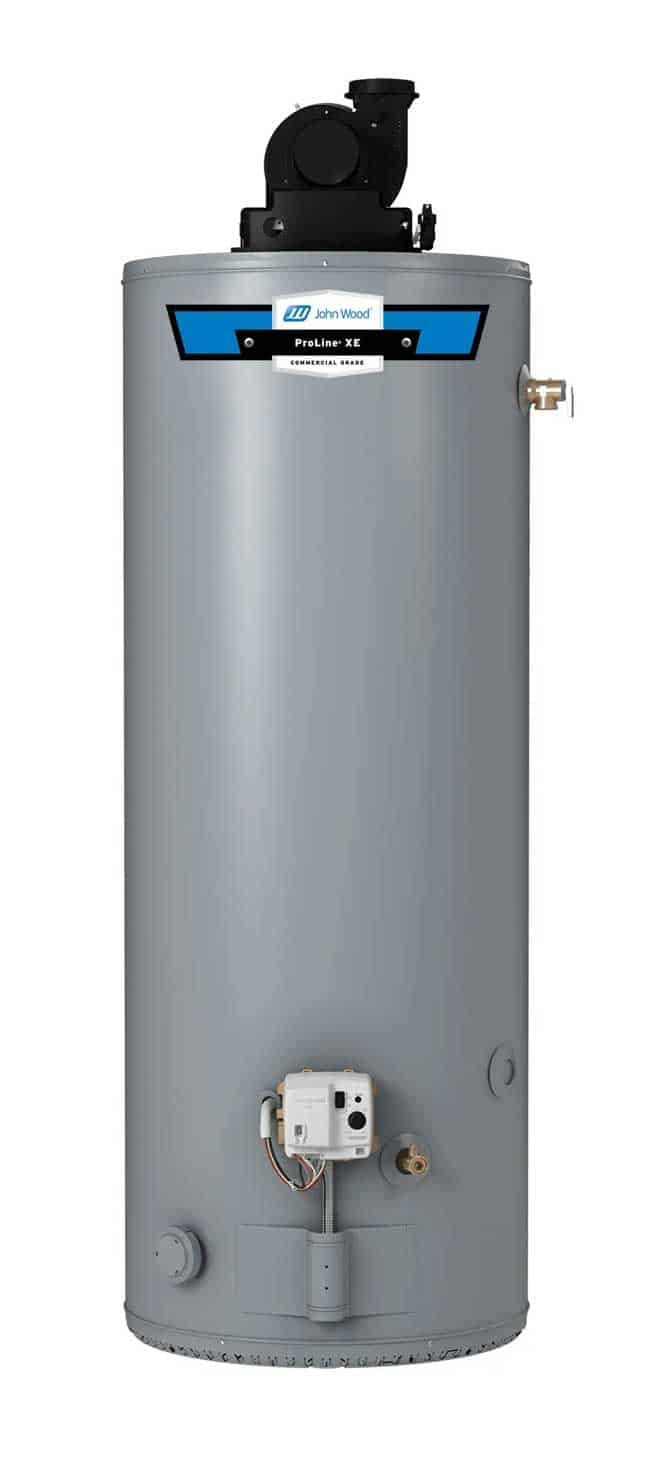 A gray gas water heater is sitting on a white surface.