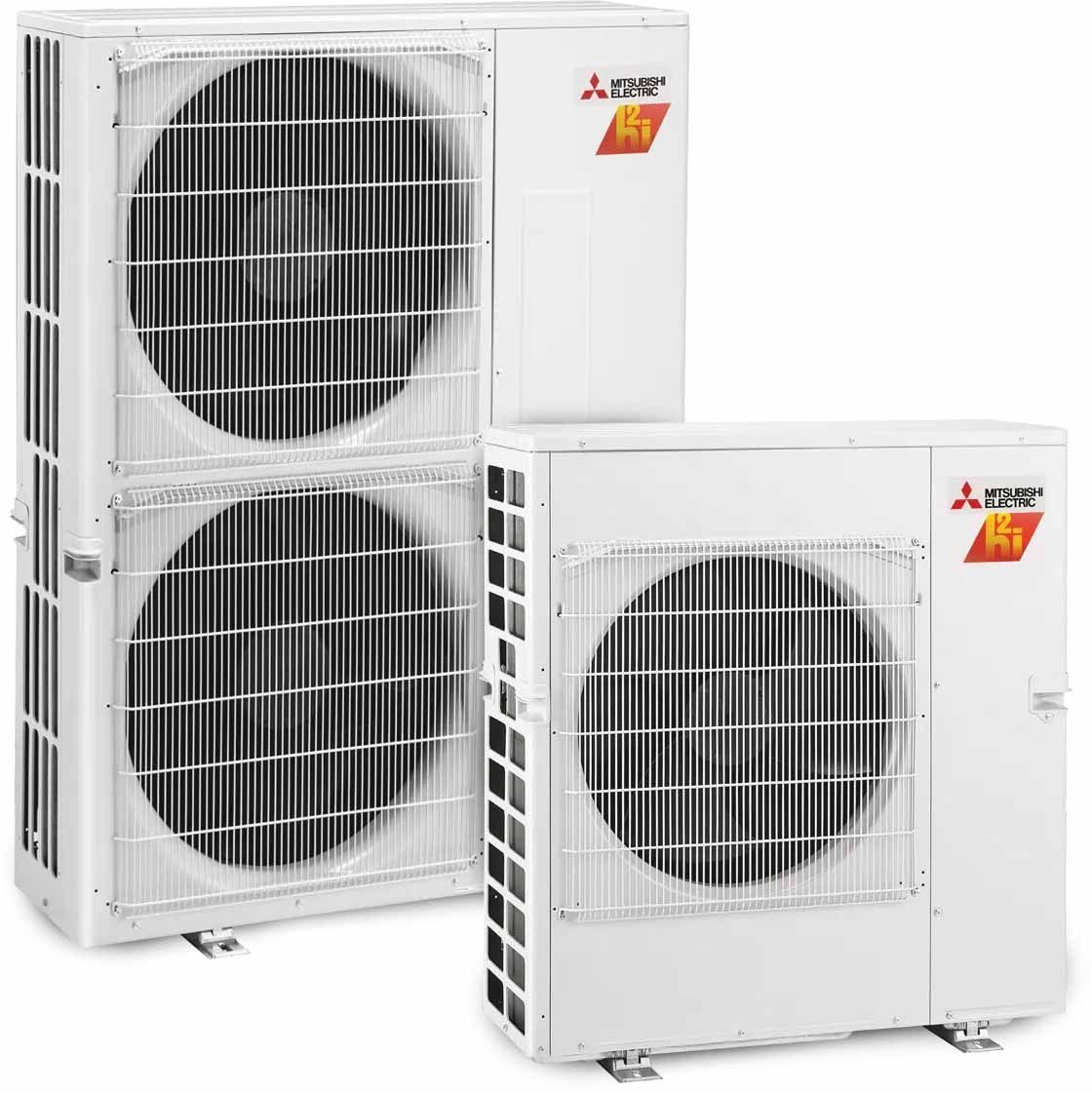 Two mitsubishi air conditioners are stacked on top of each other on a white background.