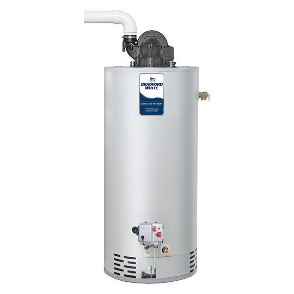A white water heater is sitting on a white surface.