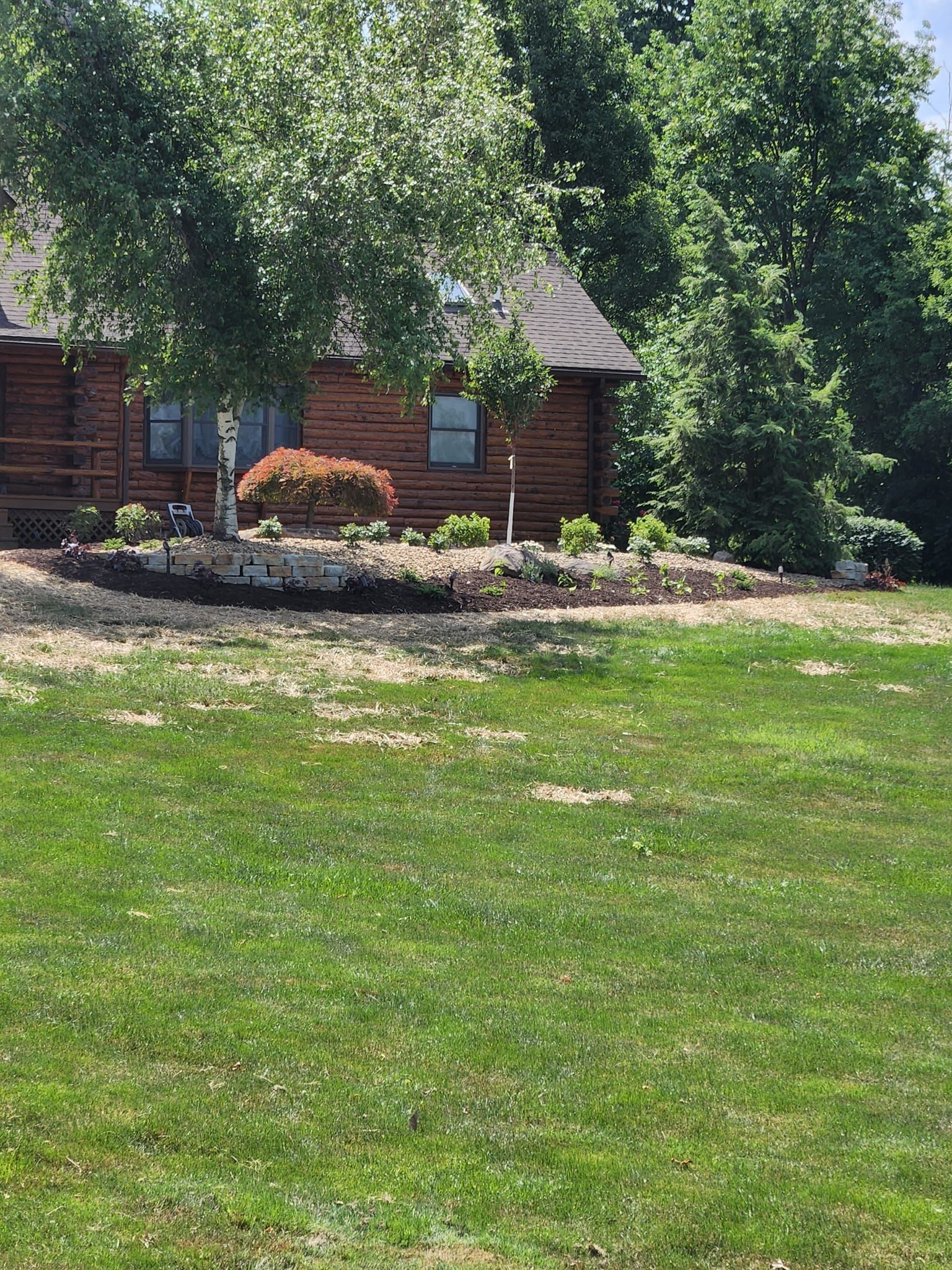 Log cabin home with a green lawn and trees.