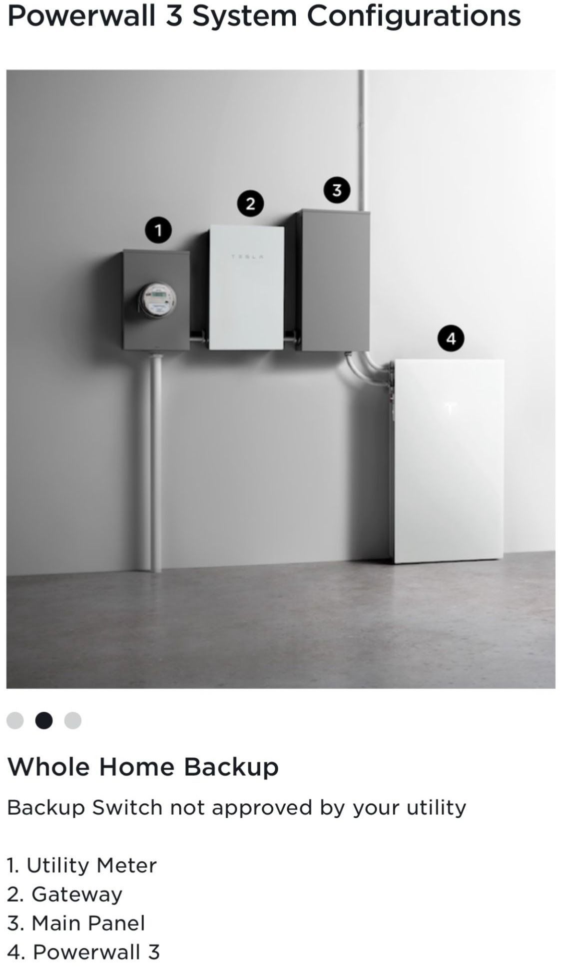 Diagram showing the configuration of a Powerwall 3 system: utility meter, gateway, main panel, and Powerwall 3.