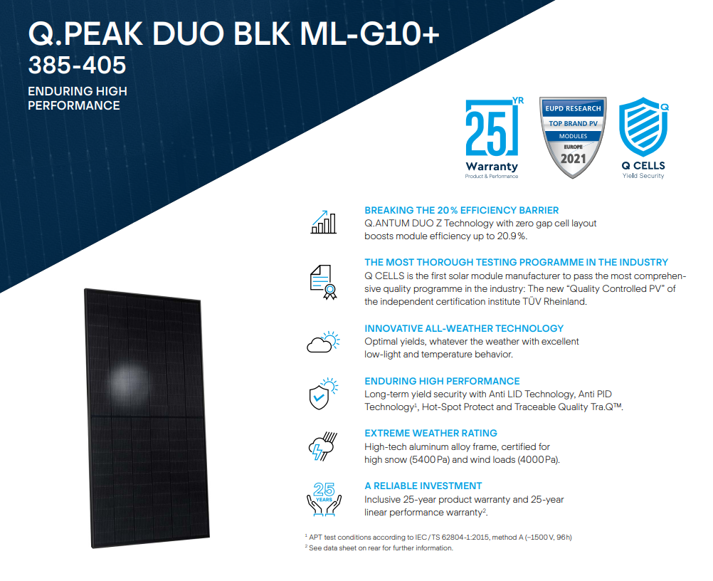 A black solar panel with text listing specifications, including a 25-year warranty.