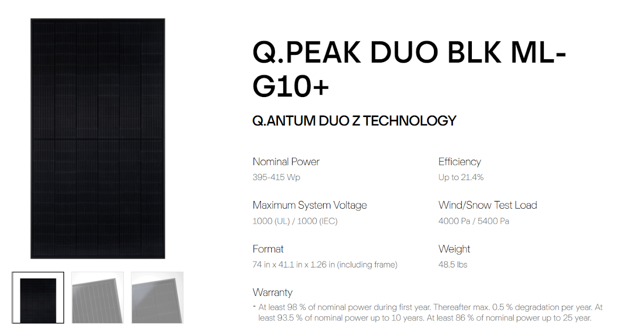 Black solar panel with specifications: Q.PEAK DUO BLK ML-G10+, Quantum DUO Z TECHNOLOGY.