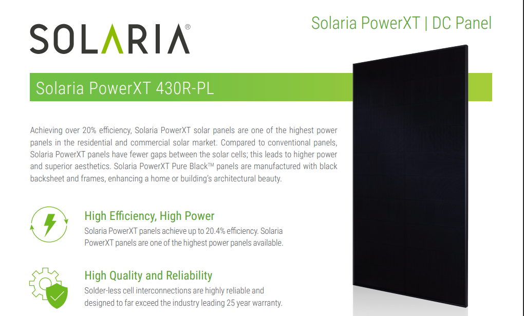 A Solaria PowerXT 430R-PL solar panel. Text highlights its high efficiency, power, quality, and reliability.