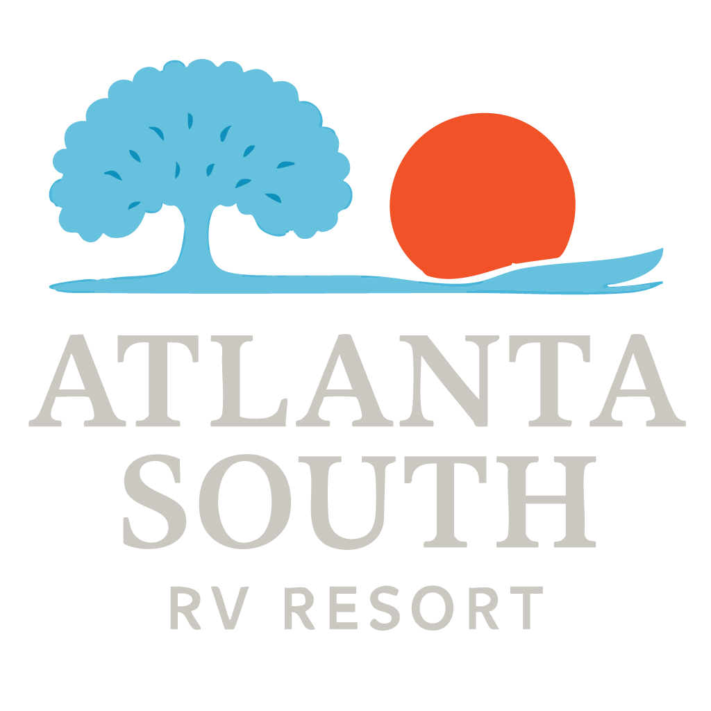 The logo for atlanta south rv resort shows a tree and a sun.