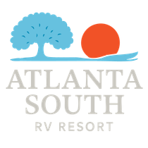 The logo for atlanta south rv resort shows a tree and a sun.