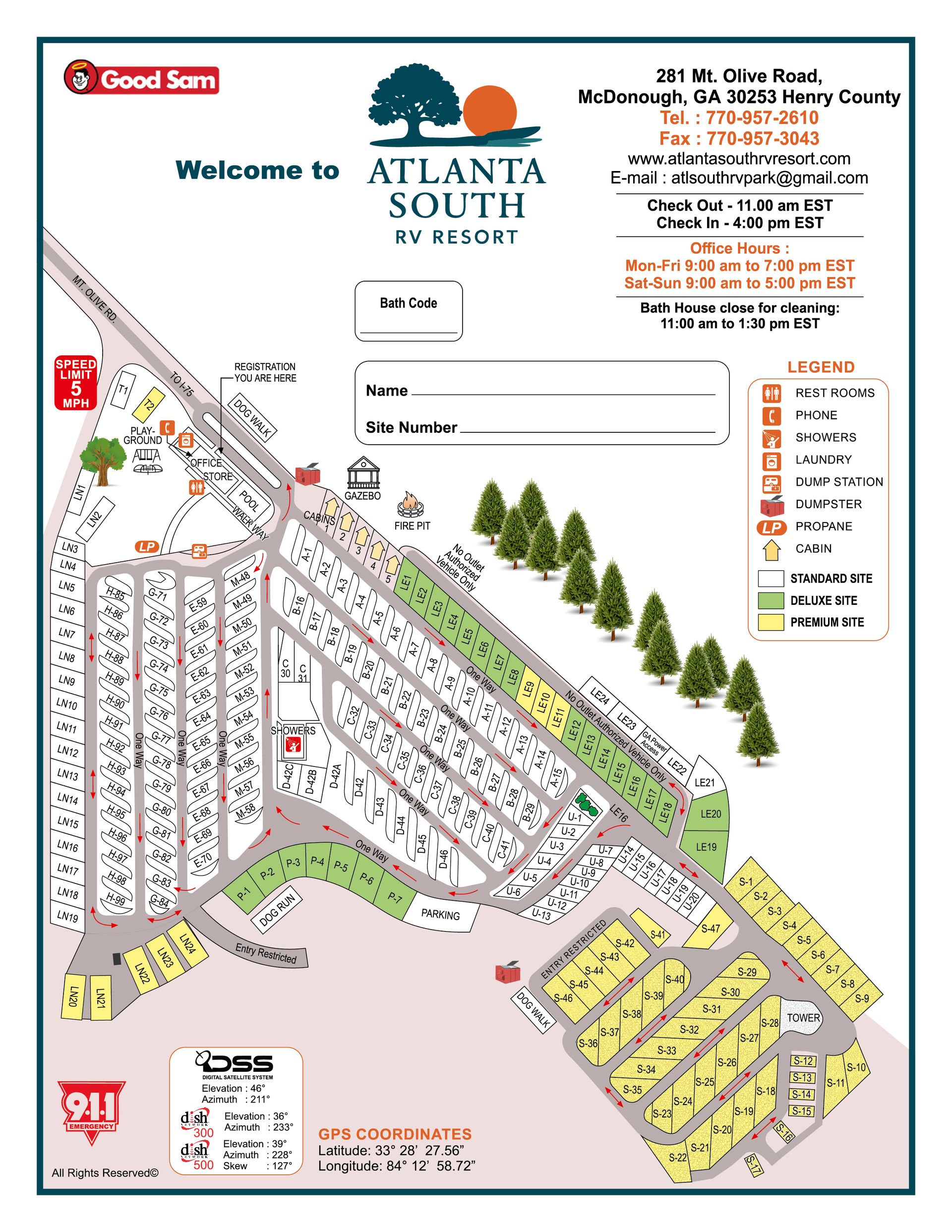 A map of a campground with the number 911 on it