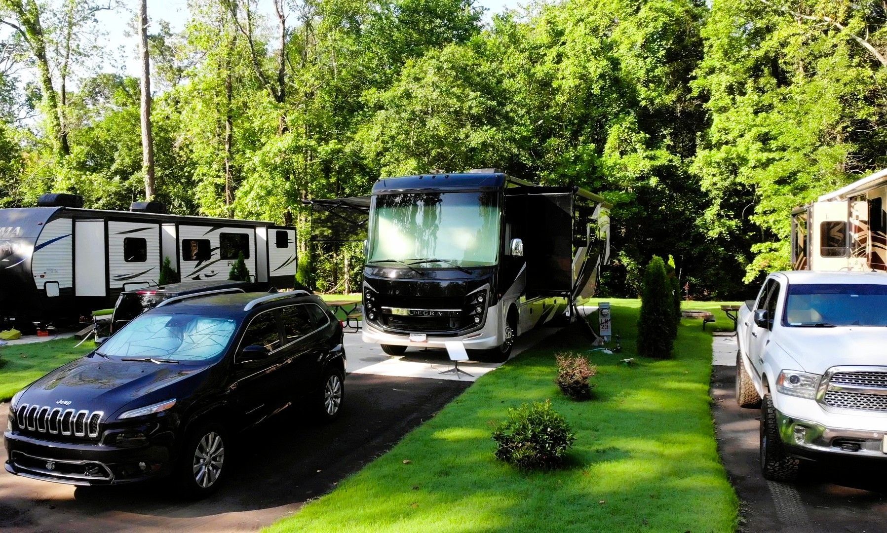 A lot of rv 's are parked in a lot on a sunny day